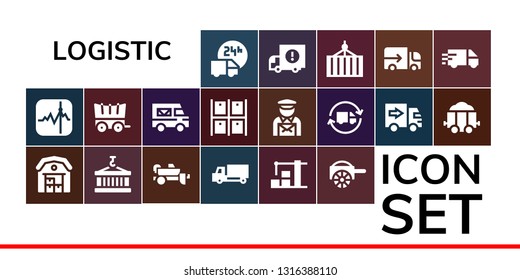 logistic icon set. 19 filled logistic icons.  Simple modern icons about  - Delivery truck, Stocks, Warehouse, Container, Trailer, Carriage, Postman, Lorry