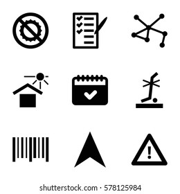 Logistic icon. Set of 9 Logistic filled icons such as warning, no brightness, house under sun, no standing nearby, navigation arrow, calendar, bar code, check list