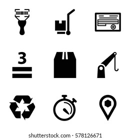 Logistic icon. Set of 9 Logistic filled icons such as recycle, 3 allowed, cargo on cart, cargo container, stopwatch, bar code scanner, document, cargo crane