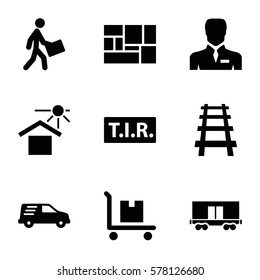 Logistic icon. Set of 9 Logistic filled icons such as house under sun, cargo on cart, cargo wagon, railway, courier, delivery car, TIR, lugagge