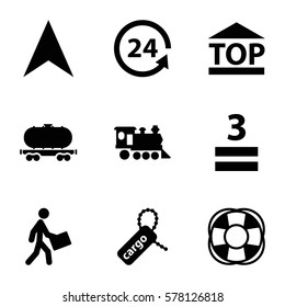 Logistic icon. Set of 9 Logistic filled icons such as cargo tag, top of cargo box, navigation arrow, 3 allowed, 24 support, cargo wagon, locomotive, fan