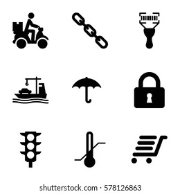 Logistic icon. Set of 9 Logistic filled icons such as keep dry cargo, thermometer, chain, lock, cargo ship, bar code scanner, courier on motorcycle, luggage cart