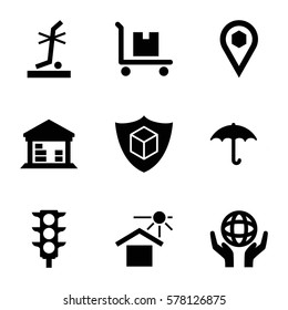 Logistic icon. Set of 9 Logistic filled icons such as keep dry cargo, house under sun, no standing nearby, holding globe, cargo on cart, location