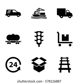 Logistic icon. Set of 9 Logistic filled icons such as box, cargo on cart, 24 support, cargo wagon, railway, cargo ship, delivery car