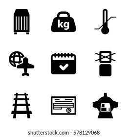 Logistic icon. Set of 9 Logistic filled icons such as thermometer, cargo only in box allowed, globe and plane, cargo container, calendar, railway, document