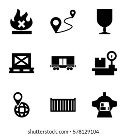 Logistic icon. Set of 9 Logistic filled icons such as cargo on palette, cargo box, no fire, pin on globe, distance, lugagge weight