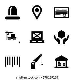 Logistic icon. Set of 9 Logistic filled icons such as cargo on palette, handle with care, cargo truck, bar code, document, siren