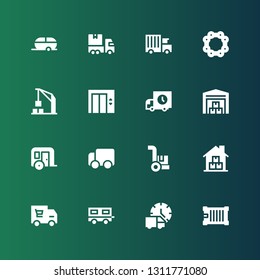 logistic icon set. Collection of 16 filled logistic icons included Container, Delivery truck, Trailer, Warehouse, Cargo, Lift, Harbor crane, Chain