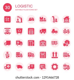 logistic icon set. Collection of 30 filled logistic icons included Stock, Harbor crane, Trailer, Delivery truck, Cargo, Lift, Container, Warehouse, Postman, Side up, Chain