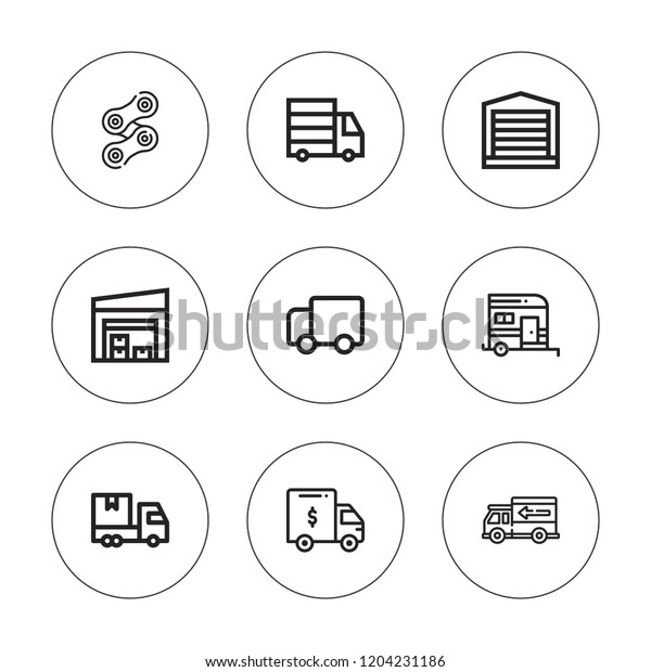 Logistic icon set. collection of 9 outline\
logistic icons with chain, delivery truck, trailer, warehouse\
icons. editable\
icons.