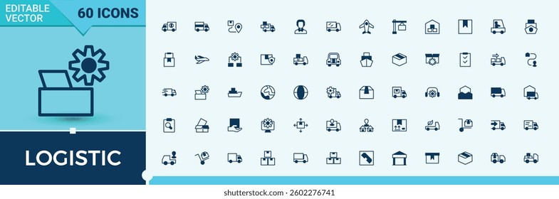 Logistic icon set. Contains such symbols as service, distribution, parcel, deliver, ship, shipping and more. Delivery icon set. Solid line editable stroke. Vector collection.