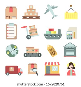 Logistic icon set. Delivery icons. Fast delivery and quality service transportation. Shipping vector icons for logistic company. 16 vector icons