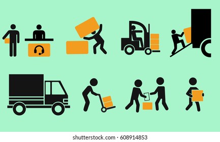 Logistic icon set. Stick figure of delivery black. Simple pictogram with flat design