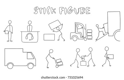 Logistic icon set. Stick figure of delivery black. Simple pictogram with flat design