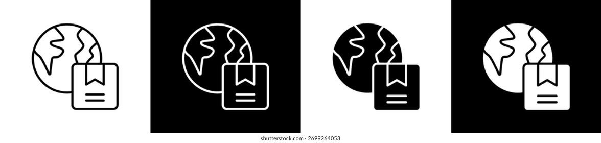 Variaciones de iconos logísticos en estilo de línea y glifo sobre fondo blanco y negro