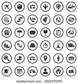 Iconos Logísticos. Diseño Plano Negro En Círculo. Ilustración vectorial.