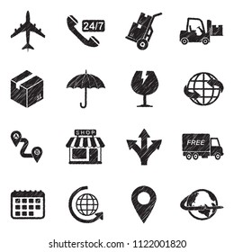 Logistic Icons. Black Scribble Design. Vector Illustration.