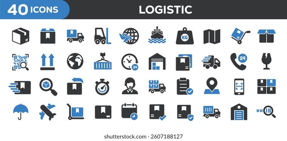 Logistic icons collection. Related delivery, shipping, warehouse. Solid colors style icons. Vector illustration isolated on white background