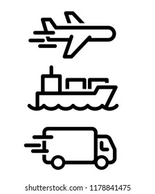 Logistic icons. Plane, container ship and truck, vector illustration