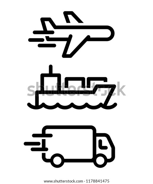 Logistic icons. Plane, container ship and\
truck, vector\
illustration