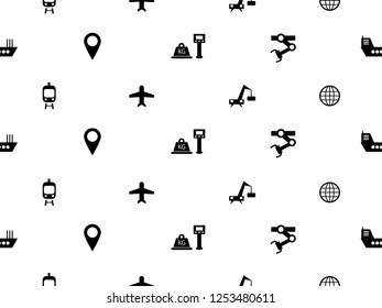 Logistic icons seamless pattern with black navigation pin weight robotic arm globe ship airplane tram crane icons. Vector illustration