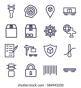 Logistic icons set. Set of 16 Logistic outline icons such as arrow up, thermometer, cargo only in box allowed, globe and plane, cargo container, lock, helm, bar code