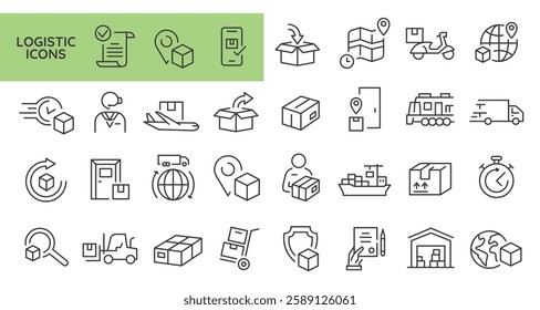 Logistic icons. Set of 31 Delivery trendy minimal icons featuring concepts such as worldwide shipping, package tracking, express mail, and secure transportation. Vector illustration 