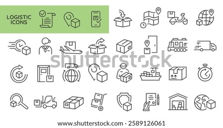 Logistic icons. Set of 31 Delivery trendy minimal icons featuring concepts such as worldwide shipping, package tracking, express mail, and secure transportation. Vector illustration 