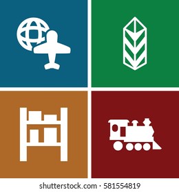 Logistic icons set. Set of 4 Logistic filled icons such as globe and plane, cargo, locomotive