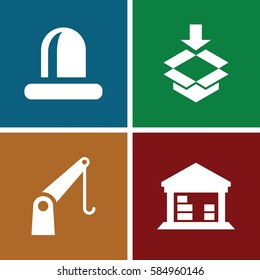 Logistic icons set. Set of 4 Logistic filled icons such as cargo barn, siren, cargo crane