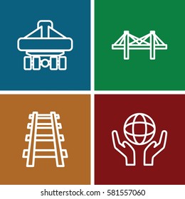 Logistic icons set. Set of 4 Logistic outline icons such as holding globe, railway, cargo plane back view