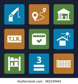 Logistic icons set. Set of 9 Logistic filled icons such as cargo box, house under sun, 3 allowed, distance, calendar, cargo barn, TIR