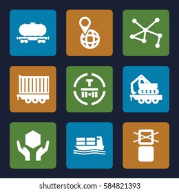 Logistic icons set. Set of 9 Logistic filled icons such as handle with care, cargo only in box allowed, cargo terminal, pin on globe