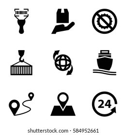 Logistic icons set. Set of 9 Logistic filled icons such as no brightness, qround the globe, location pin, distance, 24 support, cargo ship, bar code scanner, cargo on hook