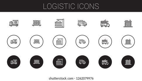 logistic icons set. Collection of logistic with delivery truck, stock, container, trailer, warehouse. Editable and scalable logistic icons.