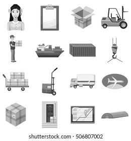 Logistic icons set. Gray monochrome illustration of 16 logistic vector icons for web