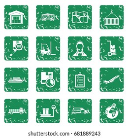Logistic icons set in grunge style green isolated vector illustration