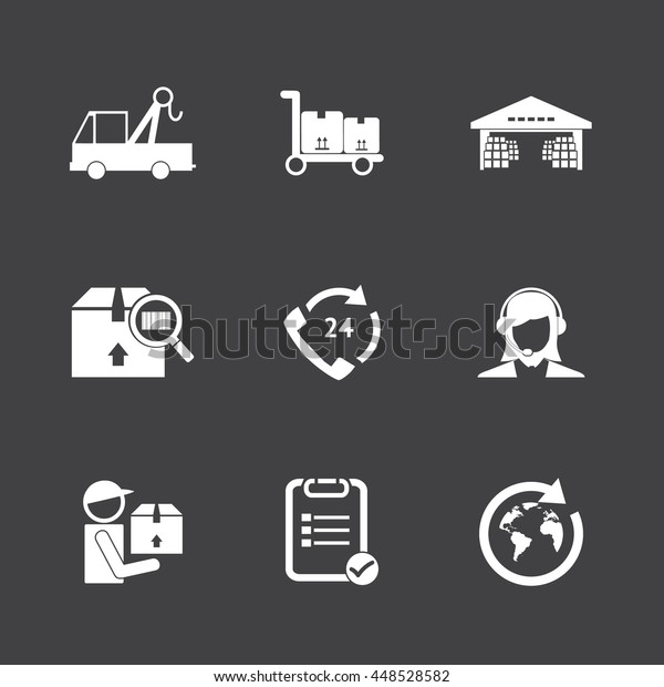 Logistic icons\
set. White icons on black\
background