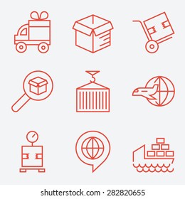 Logistische Symbole, dünner Linienstil, flaches Design