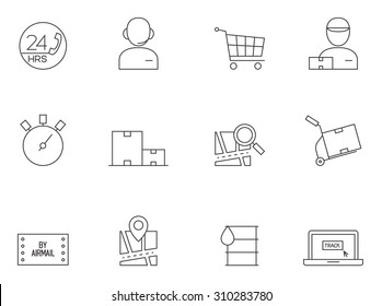 Logistic icons in thin outlines. Courier, warehouse.