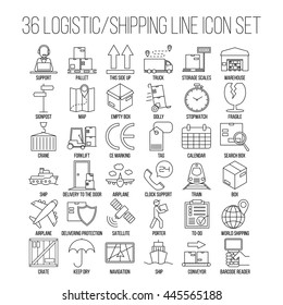 Logistic icons. Warehouse and shipping equipment. Storage scales, dolly, tag, forklift, crane and other things. Line art vector illustration.