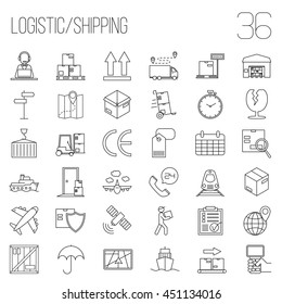 Logistic icons. Warehouse and shipping equipment. Storage scales, dolly, tag, forklift, crane and other things. Line art vector illustration.