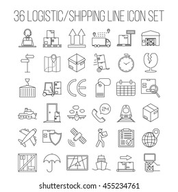 Logistic icons. Warehouse and shipping equipment. Storage scales, dolly, tag, forklift, crane and other things. Line art vector illustration.