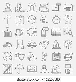 Logistic icons. Warehouse and shipping equipment. Storage scales, dolly, tag, forklift, crane and other things. Line art vector illustration.