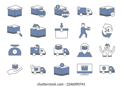 Icono de ilustración logística conjunto, embalaje, entrega. estilo de icono de dos tonos. Diseño de vector simple editable