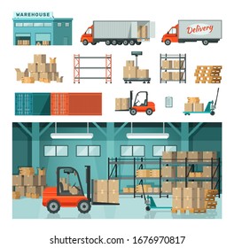 Logistic industrial warehouse in warehousing transport vector isolated on white illustration. Distribution transportation delivery in different locations. Delivering shipping transport concept