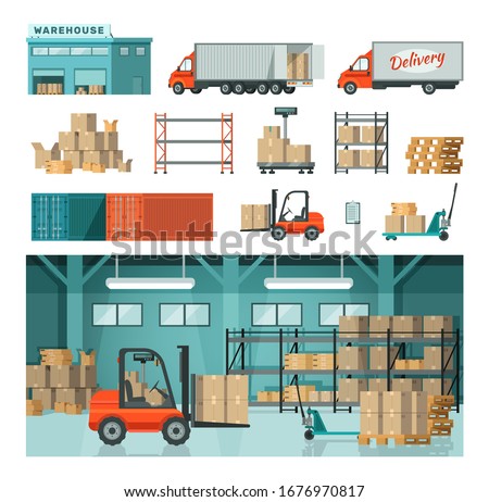 Logistic industrial warehouse in warehousing transport vector isolated on white illustration. Distribution transportation delivery in different locations. Delivering shipping transport concept