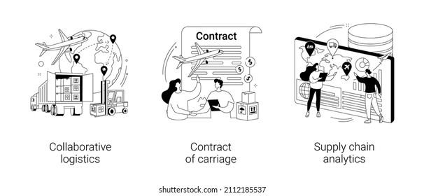 Logistic industry abstract concept vector illustration set. Collaborative logistics, contract of carriage, supply chain analytics, freight cost, cargo transportation, goods delivery abstract metaphor.