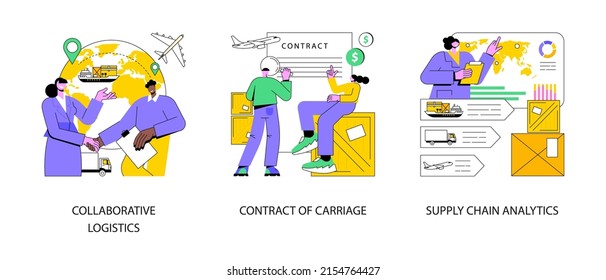 Logistic industry abstract concept vector illustration set. Collaborative logistics, contract of carriage, supply chain analytics, freight cost, cargo transportation, goods delivery abstract metaphor.