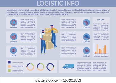 Logistic Info, Infographic, Vector Illustration. Man and Woman in Uniform are Standing next to Load Packed in Boxes. Guy Holds Box, Girl Holds Parcel with one Hand and Leans on Boxes.